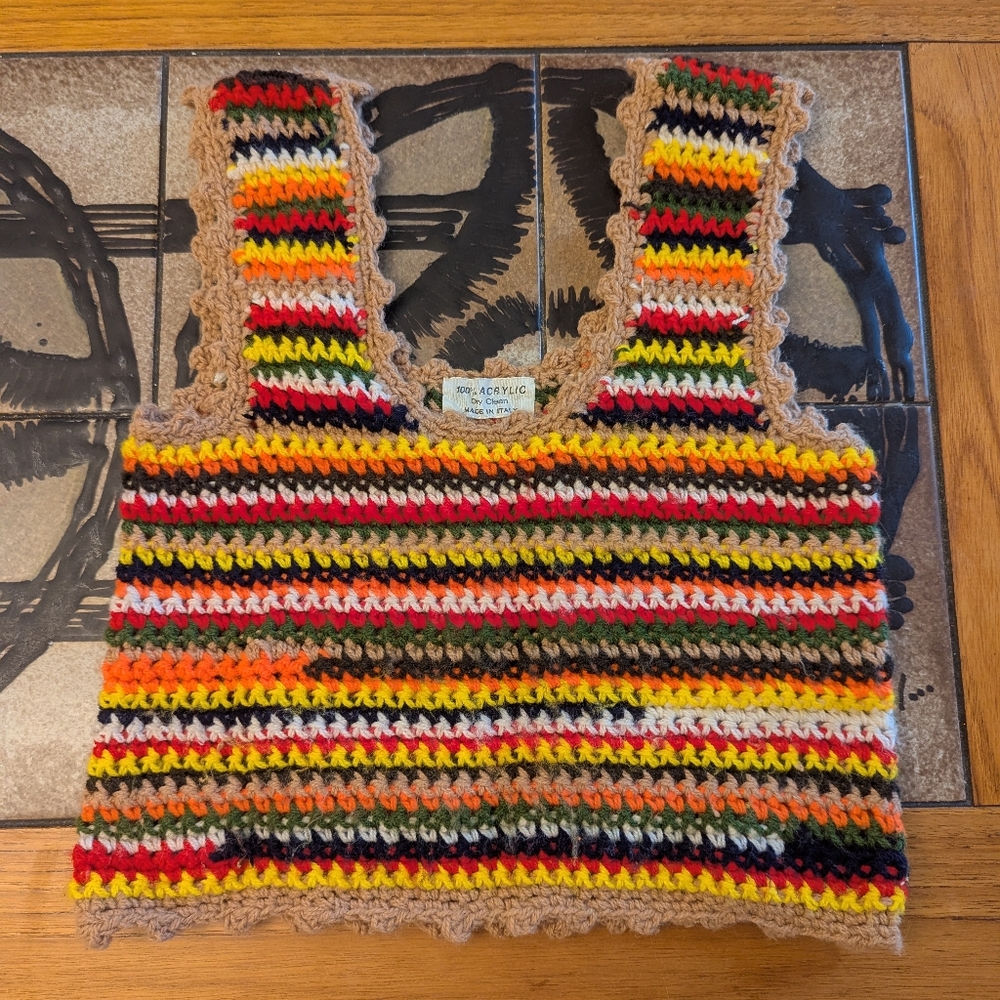 Rare Vintage '70s Crochet Vest Crop Top Made In Italy Rainbow Multicolor Yarn
